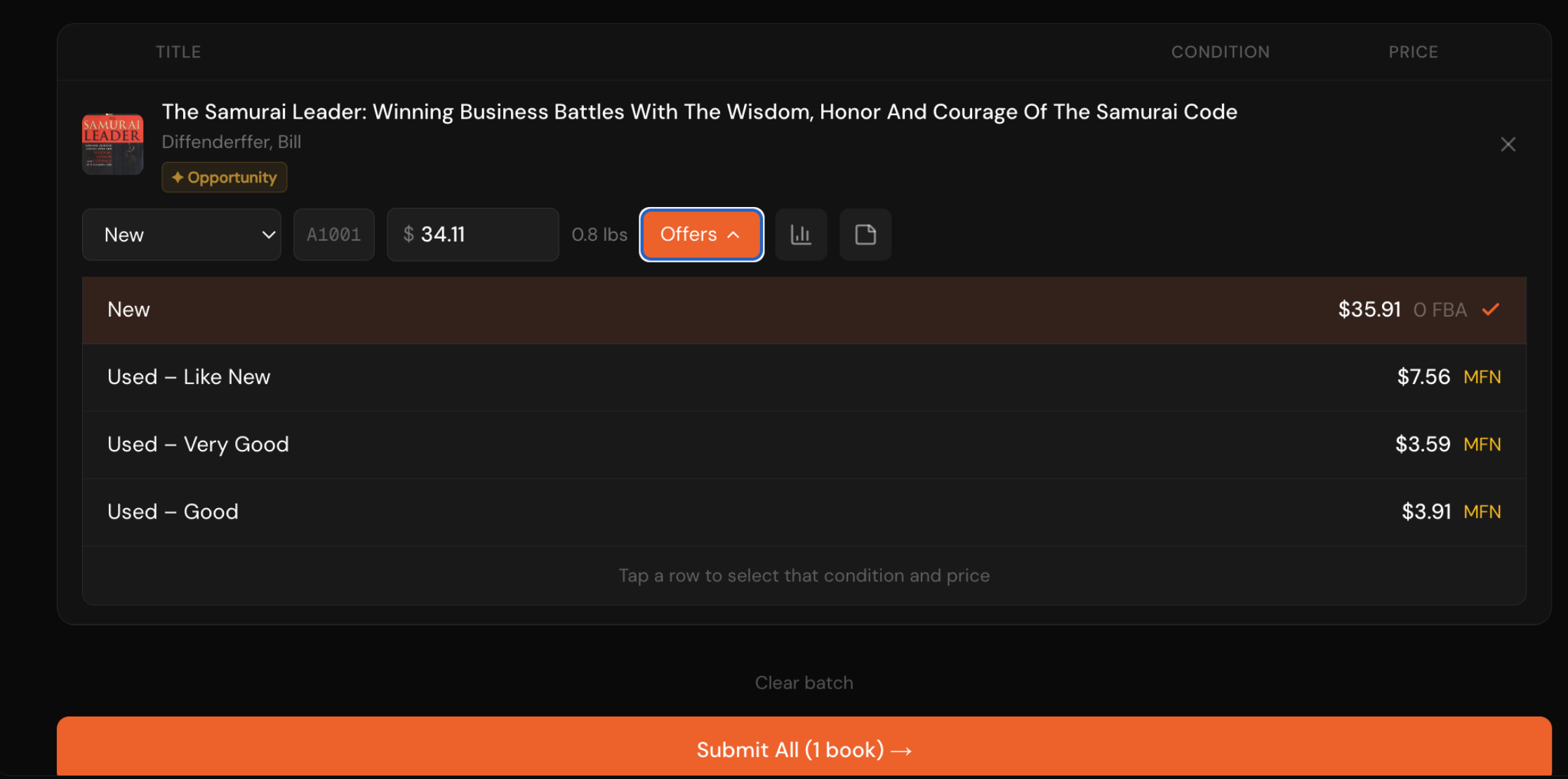Stackd's Scan & Price offers panel showing live FBA and MFN pricing