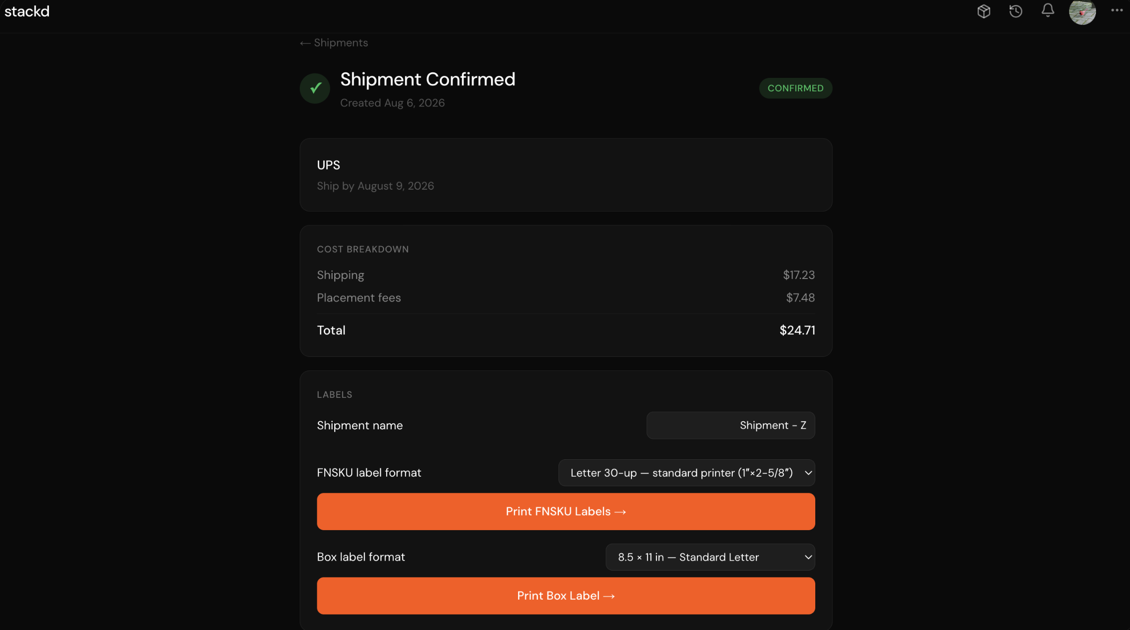 A confirmed Stackd shipment with cost breakdown and FNSKU / box label print buttons
